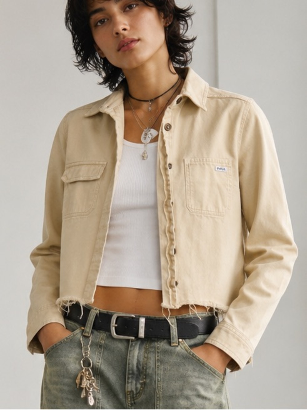 RVCA Denim Jacket Size M Butter Yellow Cropped Raw Hem Casual Skater Hipster